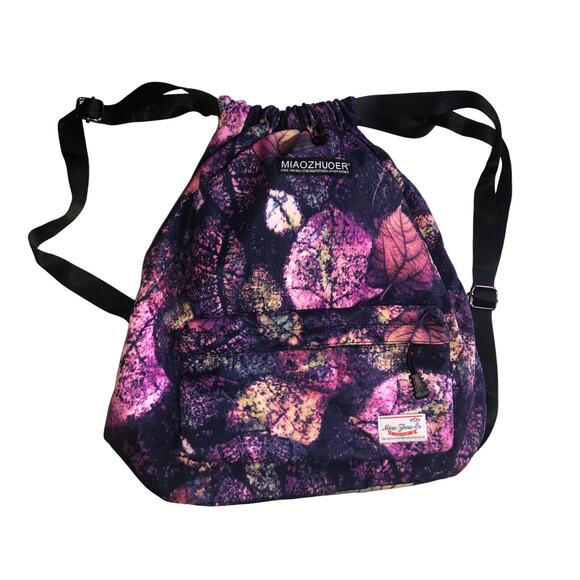 Leaf Print Drawstring Backpack Front Pocket‎ Casual Daypack - Picture 2 of 12